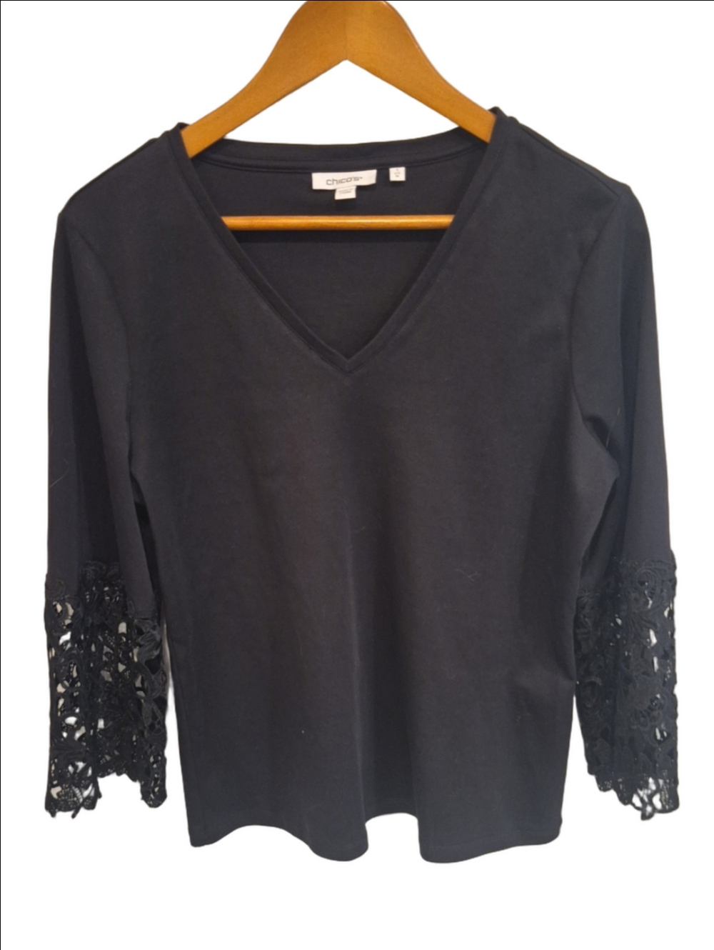 Chico's Black Cotton V-Neck Top with Lace Crochet Bell Sleeves